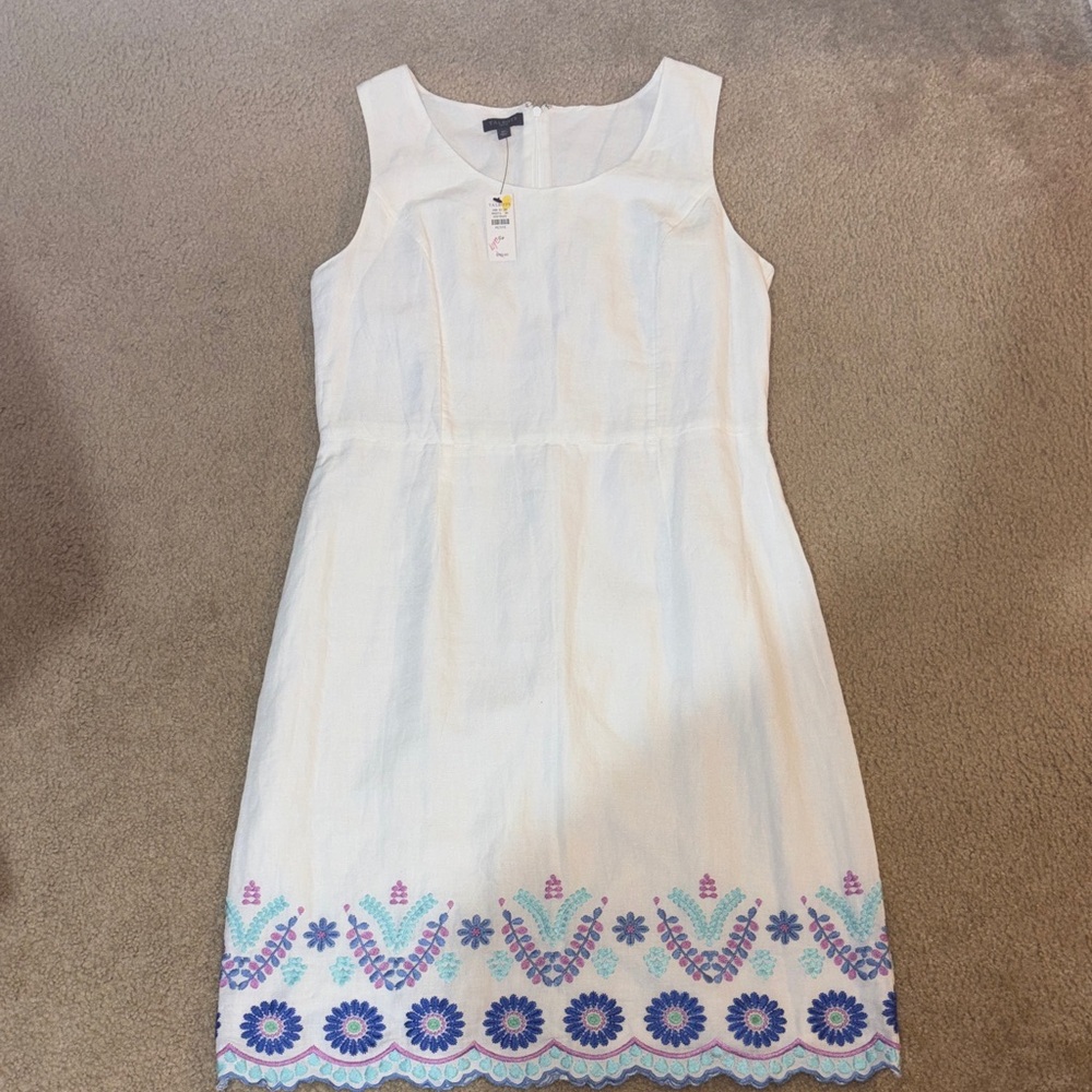 Talbots White Sleeveless Mini Dress with Blue & Purple Embroidered Hem